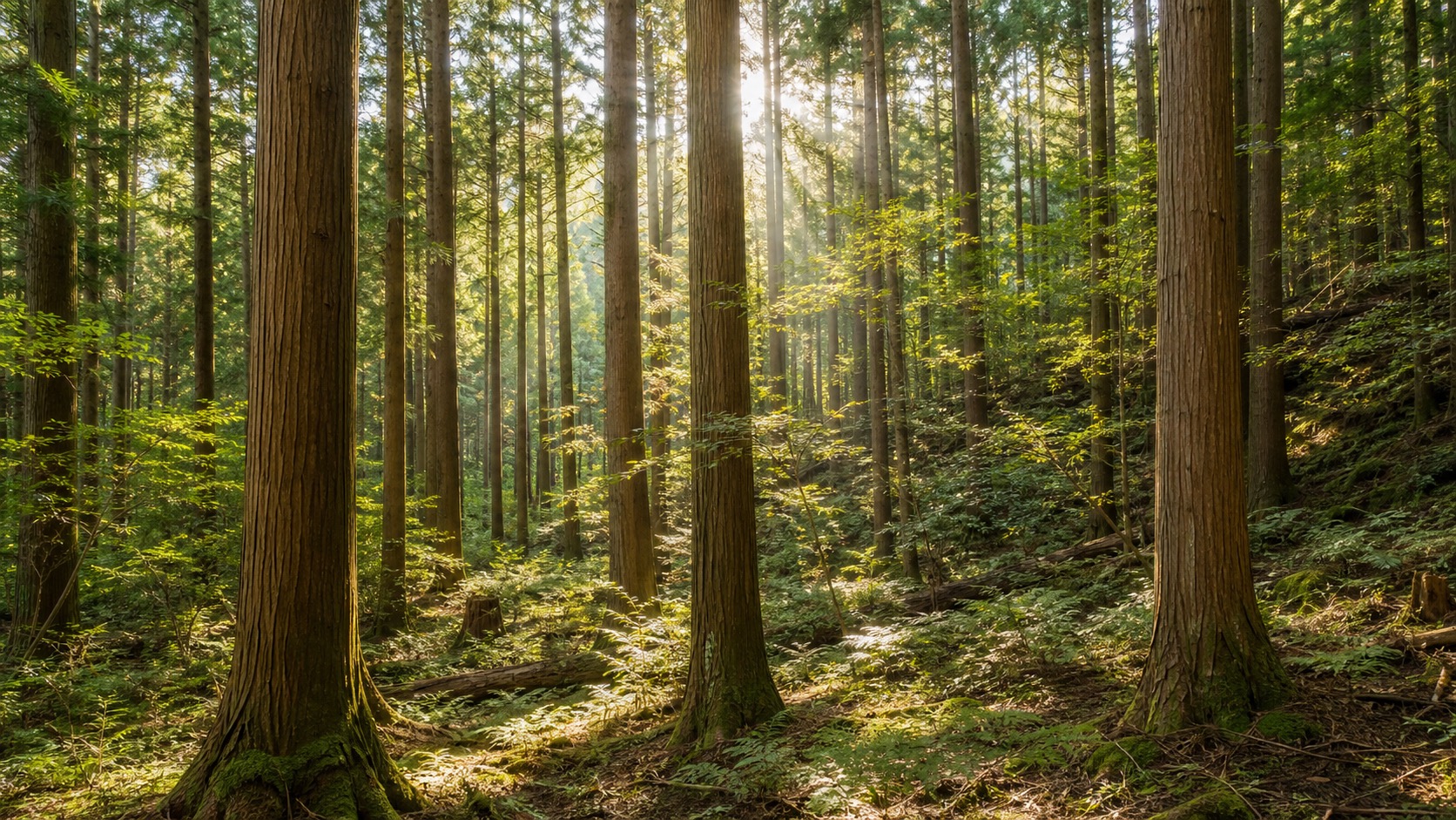 木漏れ日の差し込む杉の森